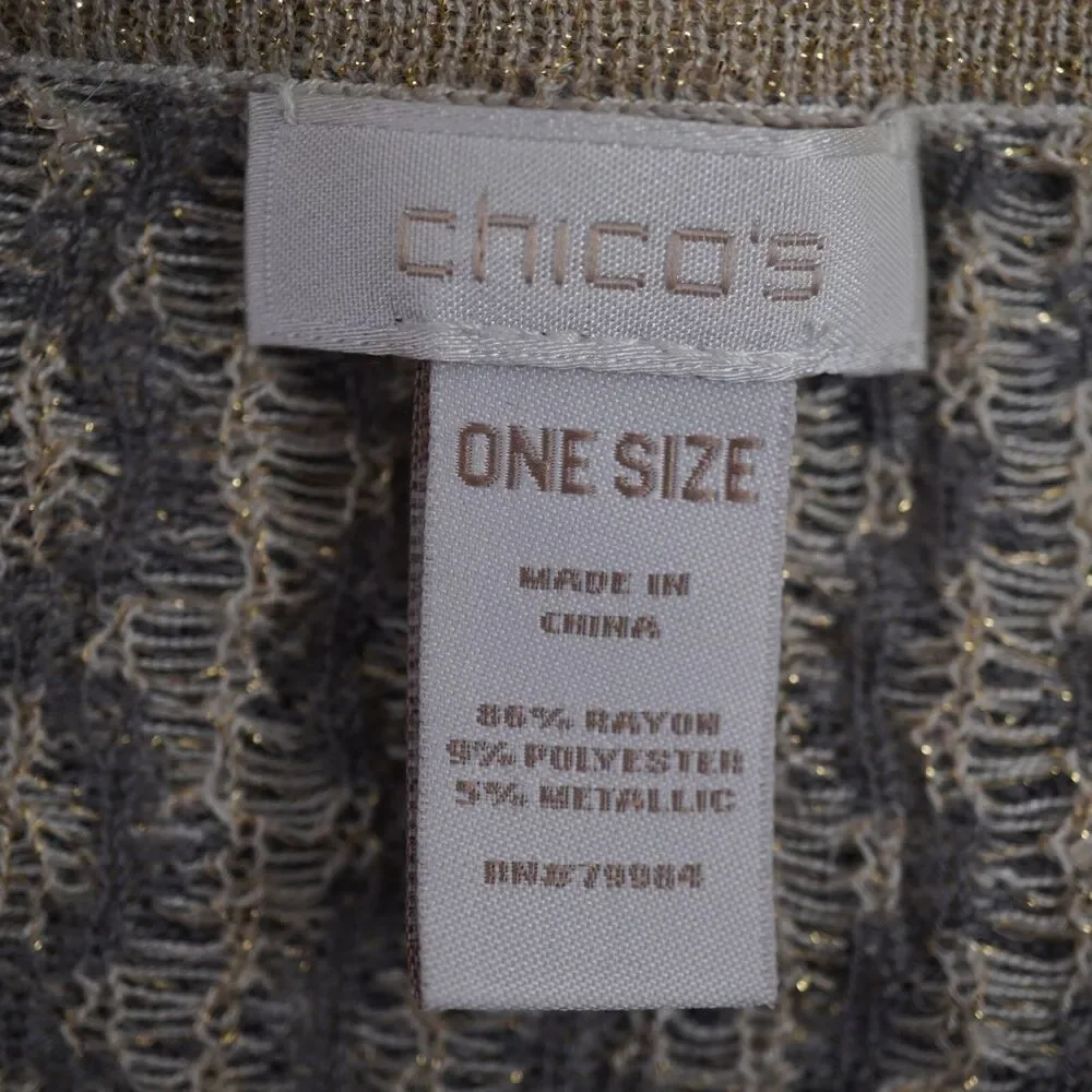 Chico's Poncho Patsy Chevron Ruana Metallic Gold Grey Festive Cape OS Sweater - Picture 2 of 10